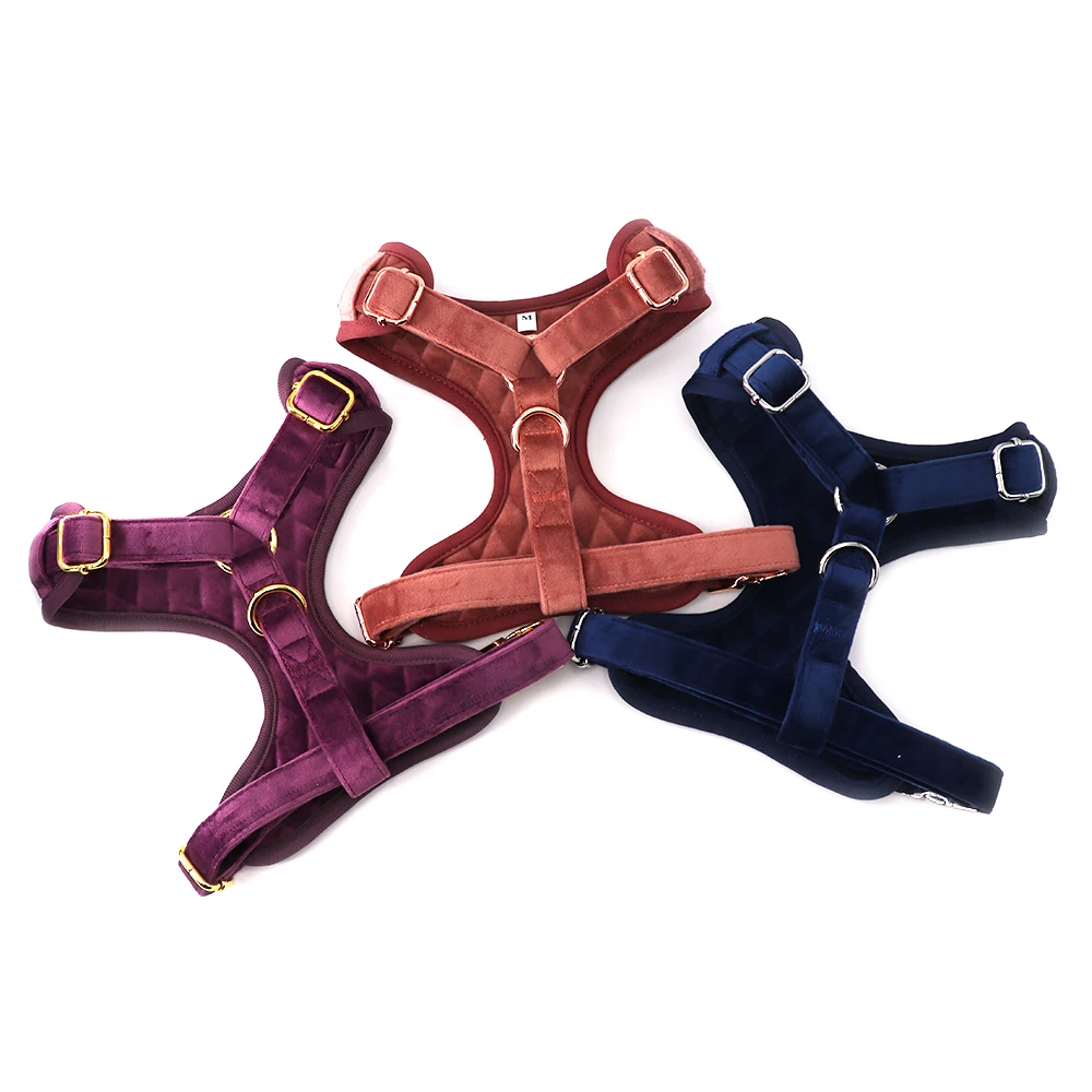2024 Custom Colors and Patterns Velvet Dog Harness Set with Rose Gold Metal Buckles suit for Puppy Dog