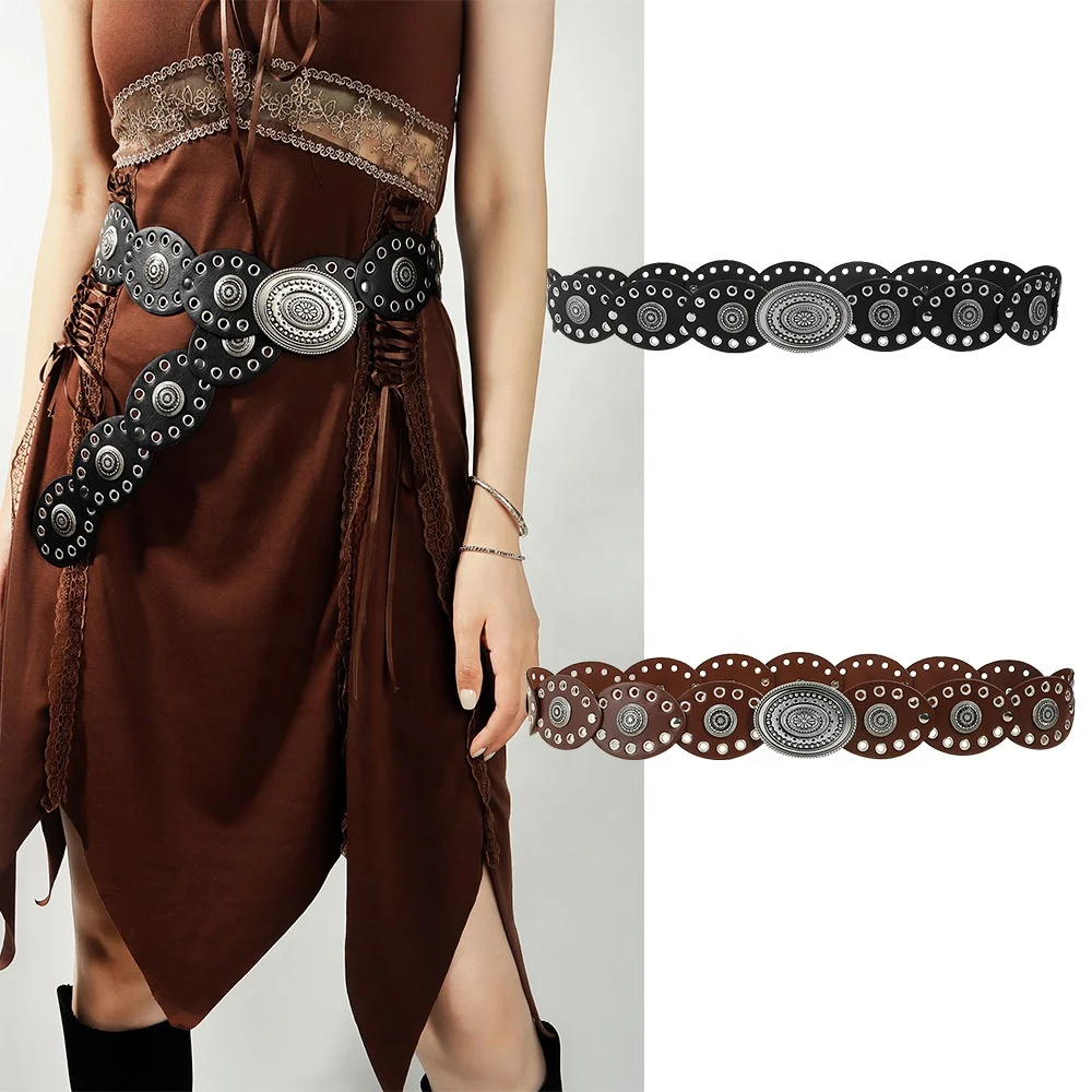 Halloween Hollow Western Style Retro Punk Metal Buckle Round Rivet PU Leather Belt Boho Oval Disc Concho Leather Belt