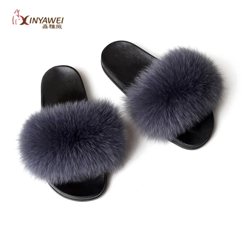 China Factory Delivery Colorful Fashion Purple Fur Sliders Real Fox Fur Slippers Fur Slides