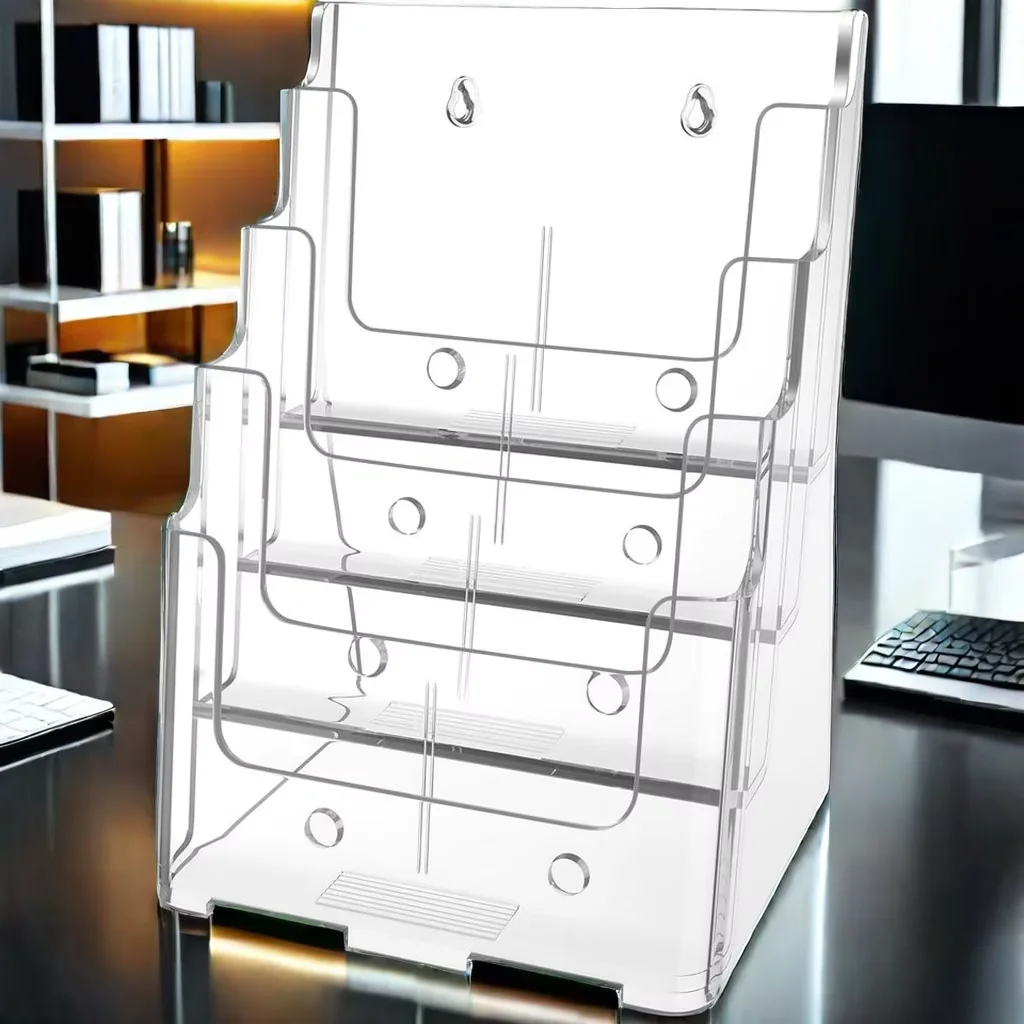 Acrylic 4-Tier Literature Organizer 8.5 x 11 Inch Bookcase Removable Divider Clear Magazine Stand 4 x 9 Inch Brochures Pamphlets