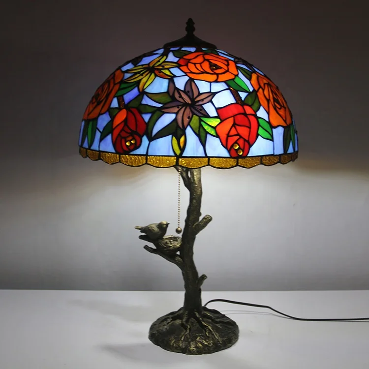 LongHuiJing Tiffany Style Stained Glass Lampshade Desk Lamps Rose Pattern Table Lamps With Antique Base