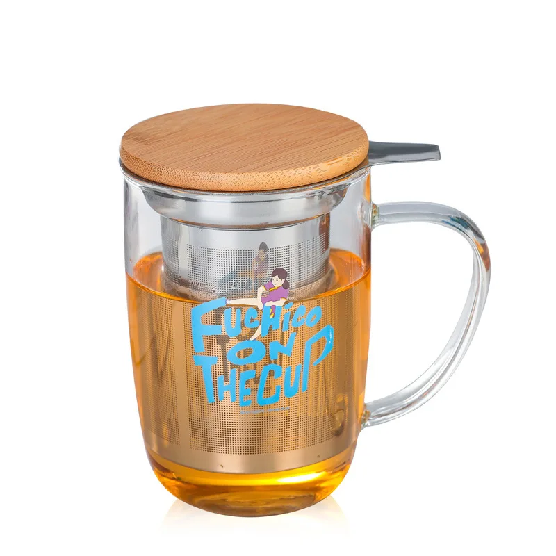 Promotional Christmas Gift Tea Infuser Cup Borosilicate Tea Glass Mug Cup With Stainless Steel Tea Infuser and Wooden Lid