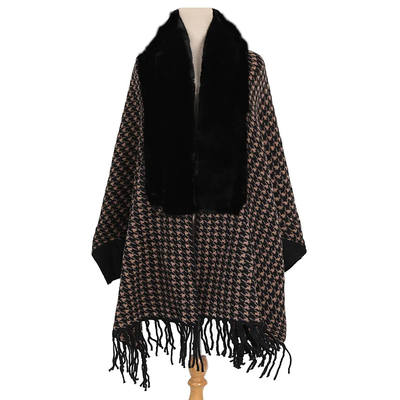 Luxury Winter Wool Collar Imitation Mink Shawl Long-sleeved Tassel Scarf Shawl Knitted Jacquard Cloak