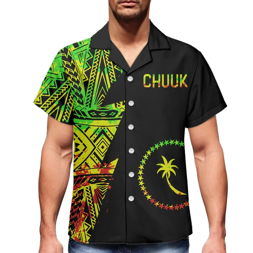 Hot Selling Polynesian Tribal CHUUK Islands Patterns Hawaiian Shirt Men Casual Button Up Shirts For Men Short Sleeve Clothing