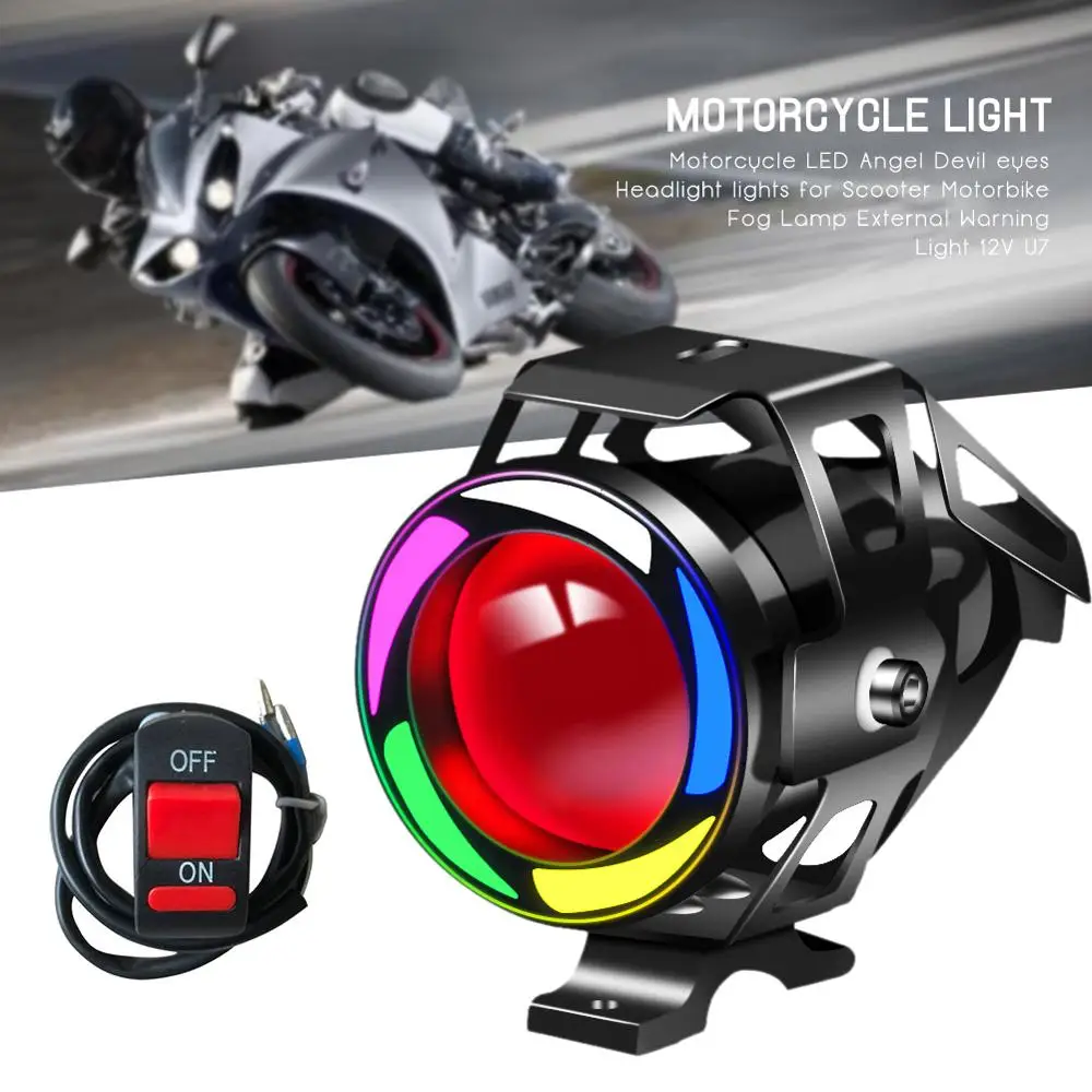 Motorcycle LED Headlight U7 Moto Lights for Scooter Motorbike Fog Lamp Angel Devil Eyes LED External Flashing Warning Light 12V