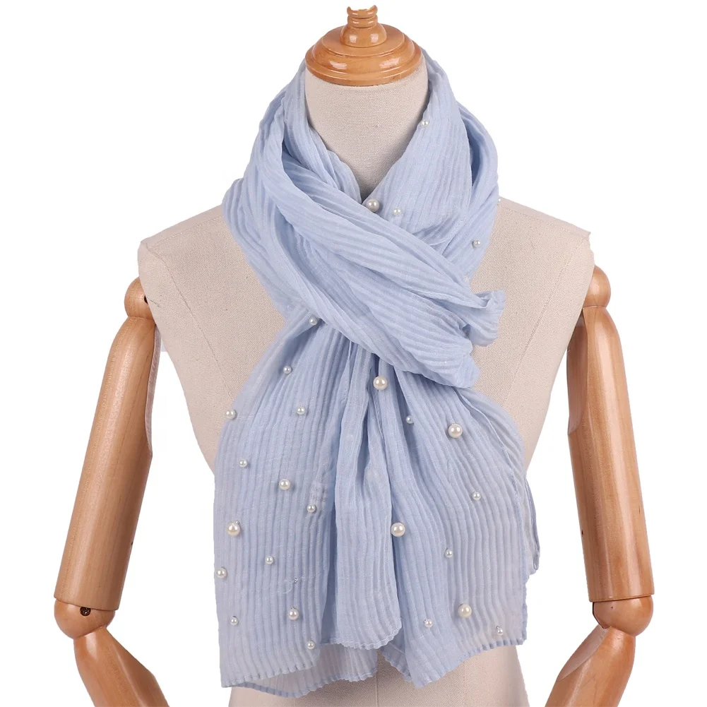 Wholesale New Design Dubai Wrinkle Lady Muslim Hijab Fashion Popular Solid Color Pearl Scarf Shawl