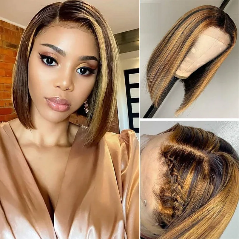 Wig Female Medium Dyed Brown Golden Short Hair Wigs Highlight Bob Wig With Bangs for Women