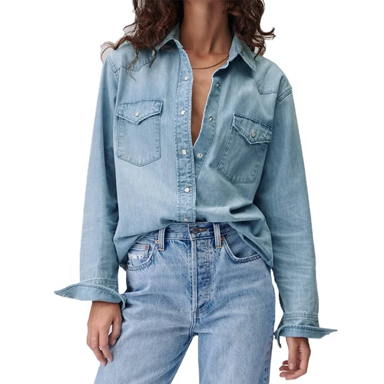 Custom Shirt Washed Button Denim Pocket Casual Women Shirt Curved Hem Jeans Shirts For Ladies