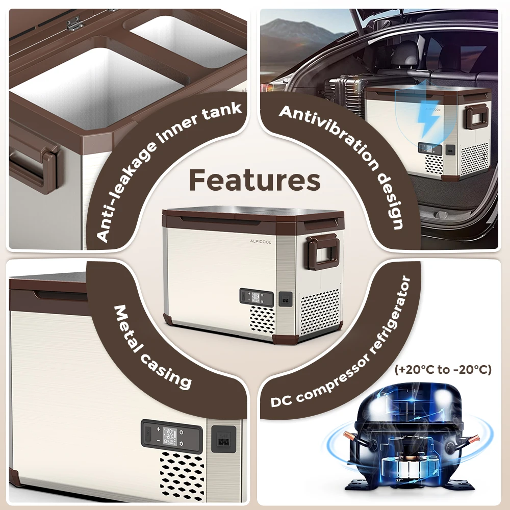 AS55 Alpicool Dual-zone Fridge 12V Mobile Freezer and Refrigerator Compressor DC Compact Metal Car Fridge for Camping Outdoor