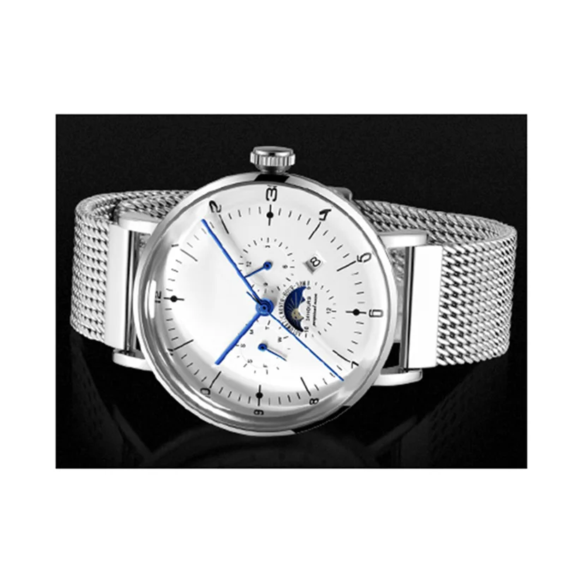 Fashion stainless steel 316l case complete calendar moon phase men mechanical watch