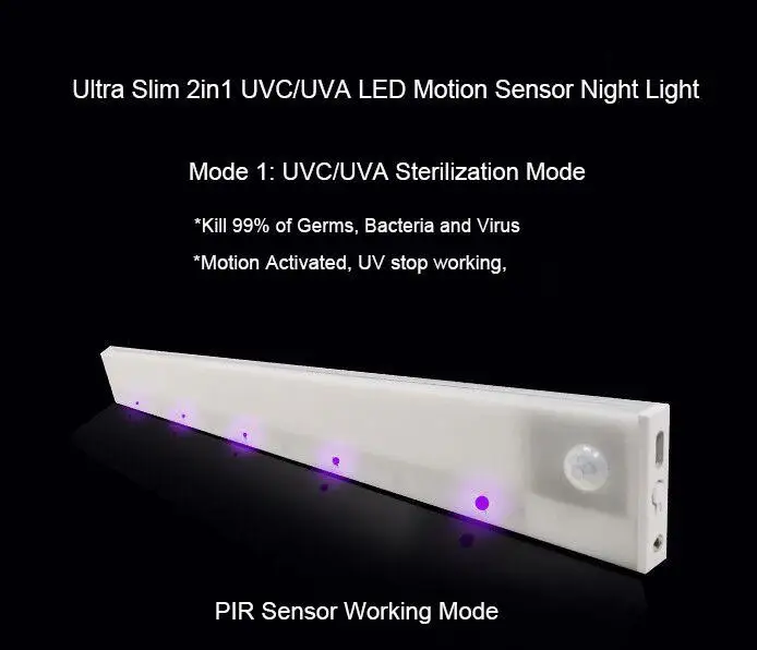  New USB Rechargeable Magnetic Portable UVC LED Germicidal Strip Night Light with PIR Motion