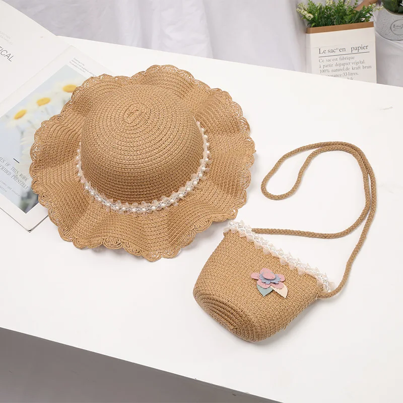 Customized Summer Wide Brim Kids Sun Beach Straw Bucket Bag and Hat Set with Pearl Baby Girl Hats From China Factory