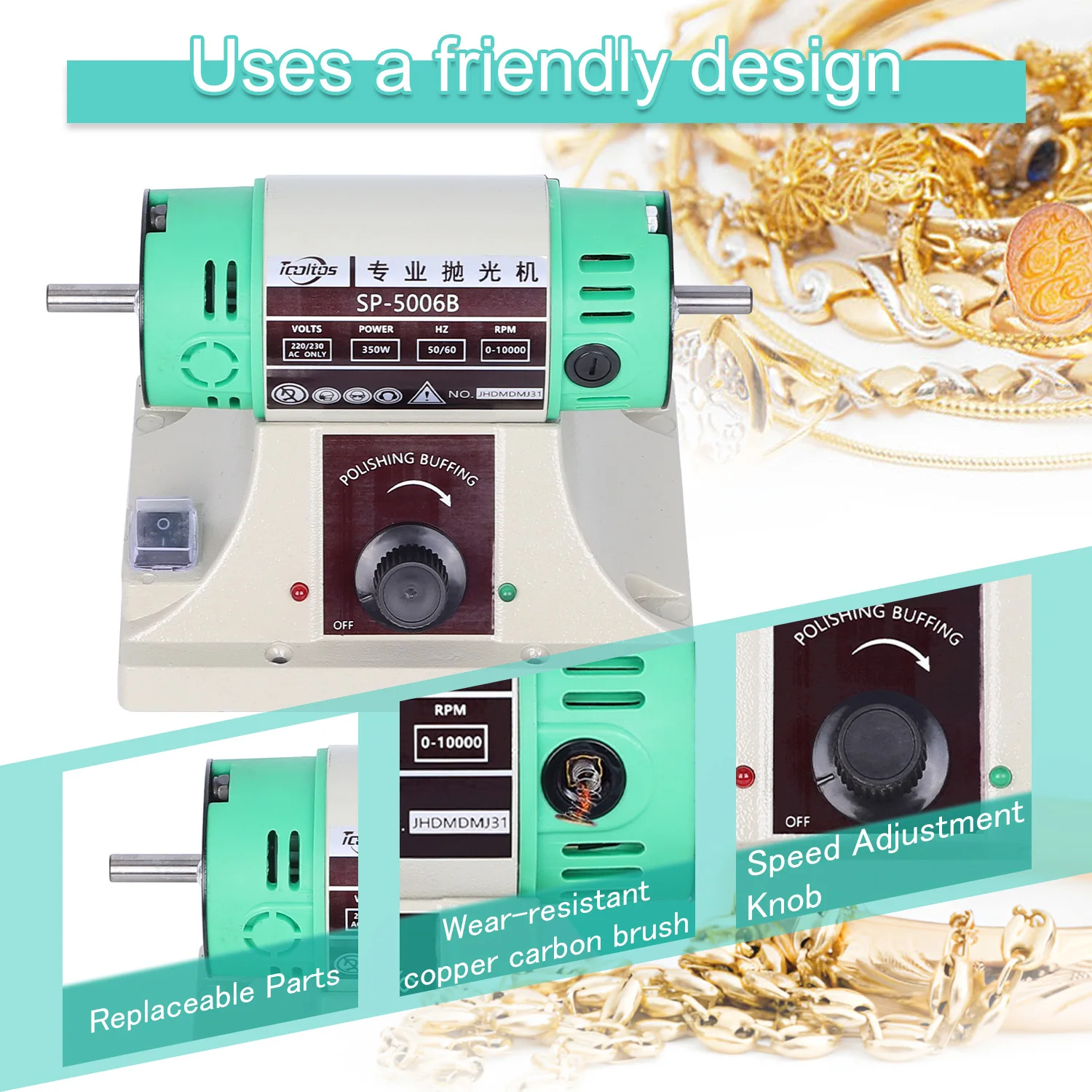 Double Head Turbine 350W Mini Polisher Motor Multi-function Bench Buffing Machine Jewelry Grinding Machine 10000RPM 220V