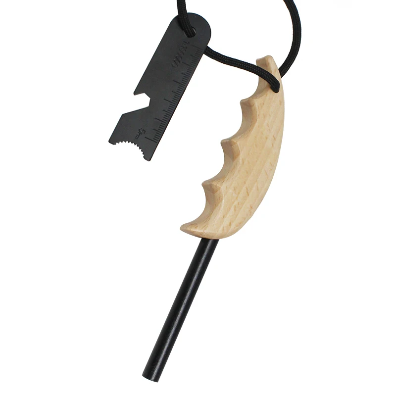 Bushcraft Gear Survival Firecord Finger Grip Wood Handle Ferrocerium Fire Starter Rod for Campfire