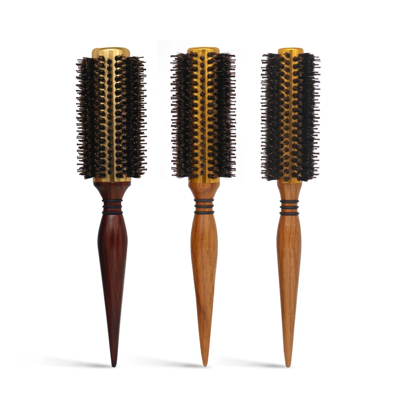 Luxury Hairdresser Tool Curling Comb Round Hair Brush Nylon Boar Bristle with Wood Handle Hair Roller Brush For Salon Home Use