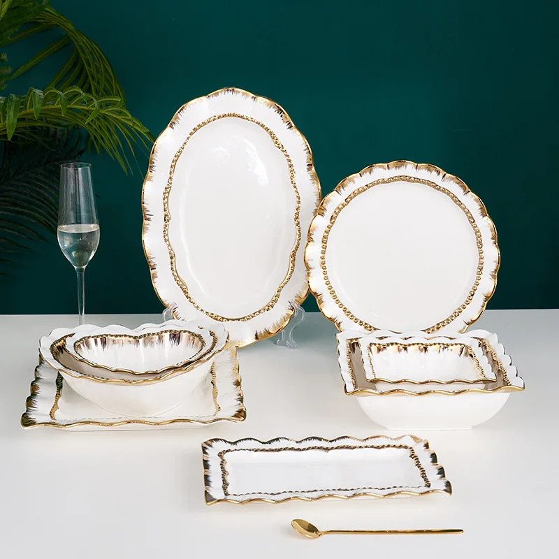 2023 Popular Nordic Style Design porcelain gold rim Ceramic White plate Set white and gold