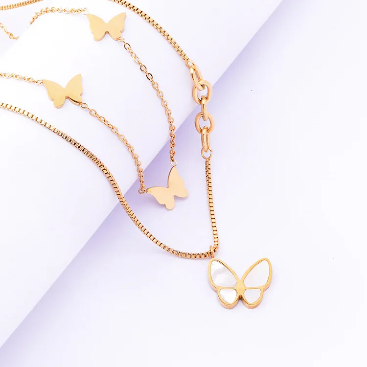 OBE  new jewelry double  layer White shell butterfly necklace female fashion wholesale Color preserving pendant necklace