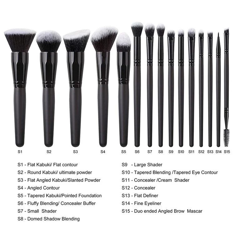 15pcs Pcs Private Label Face Synthetic Black Brush Makeup Set Professional