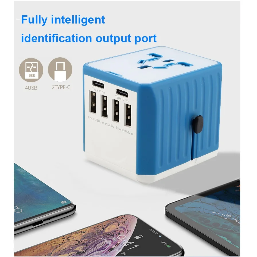 2020 new 110-250V US AUS UK EU plug mobile phone accessories 6USB charger 6A output universal travel adapter with 4USB+2Type-C