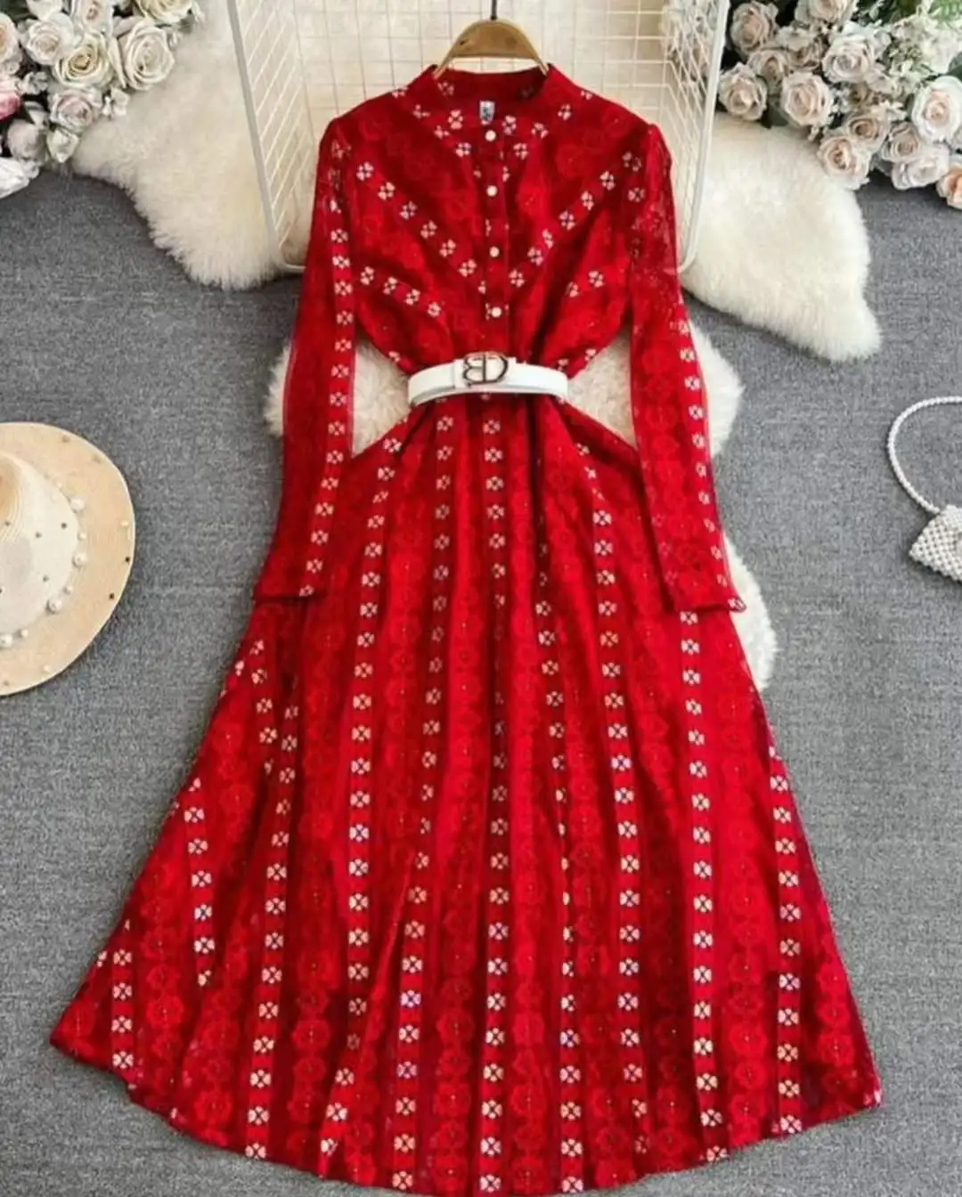 Newest  Autumn Season Casual Style  Single Breasted surface Beaded Fashion Guipure Lace Solid Color  Long Woman Dress