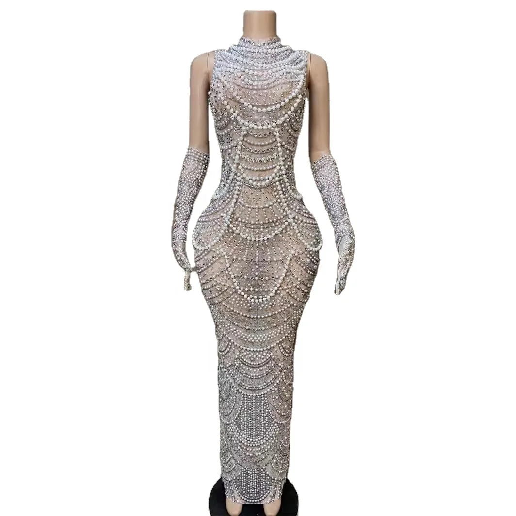 Women Sexy mesh pearls sequin dress luxury beaded crystal evening dresses women lady elegant
