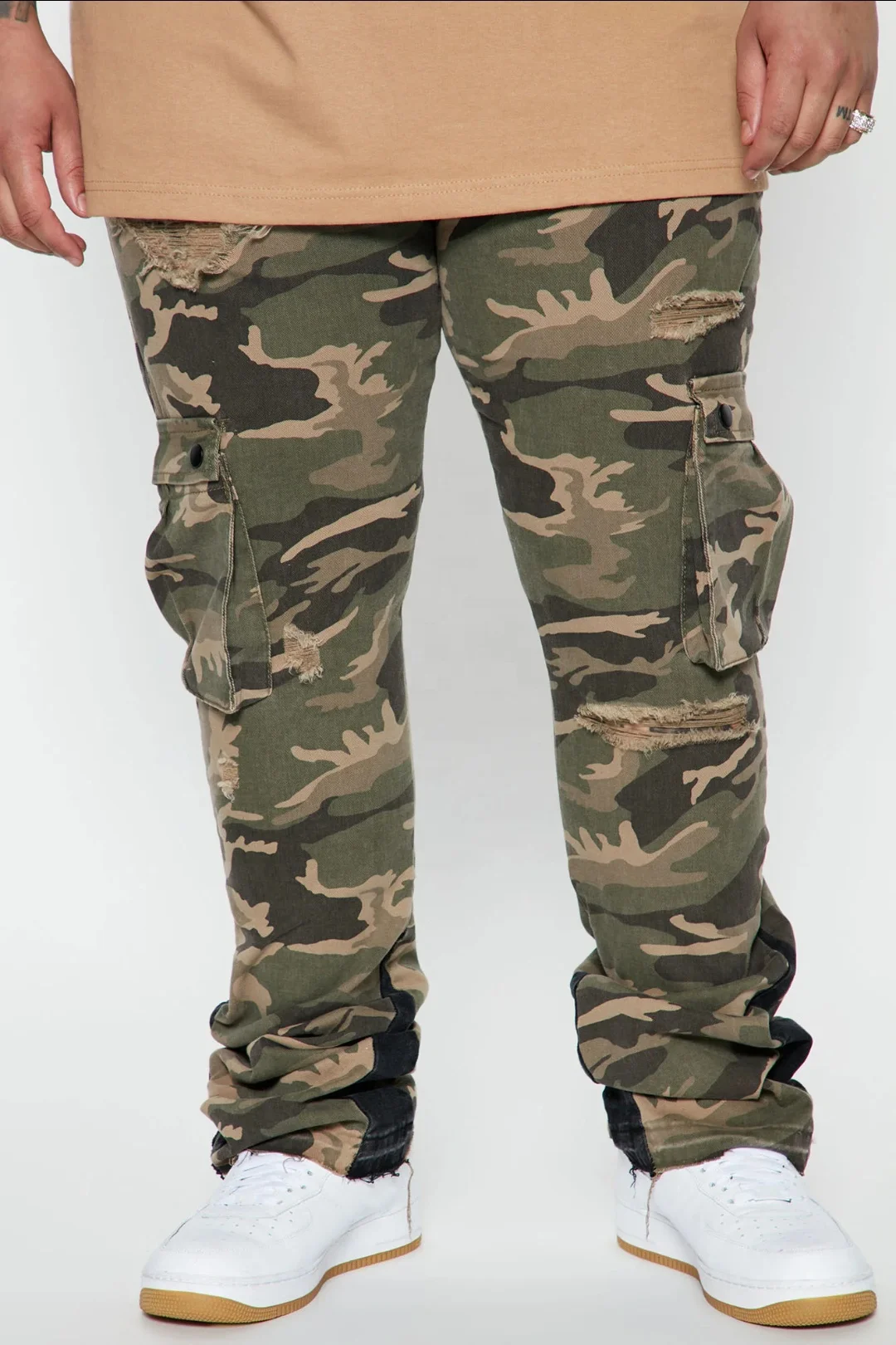 KY Distress Custom Camo Flare Pants Men Cargo Pants Manufacturer Patchwork Camouflage Pants for Men