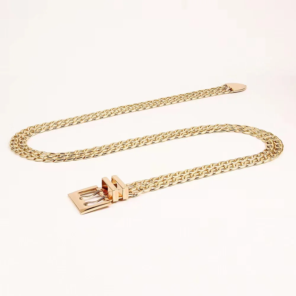Летний взрывозащищенный металлический ремень в стиле панк, двухрядная Пряжка, двойная золотая металлическая цепочка на талию