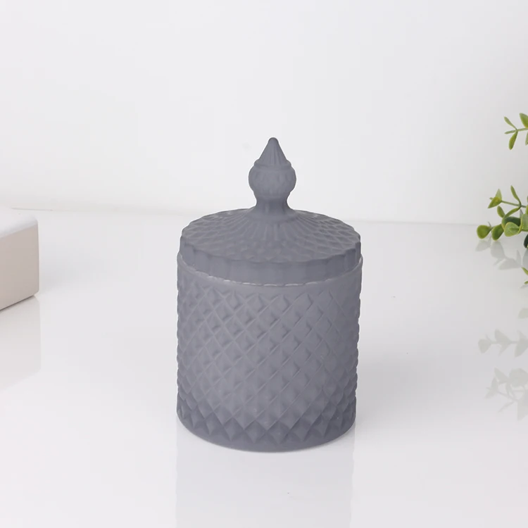Ready stock wholesale 8oz matte grey geo glass candle jar with lid