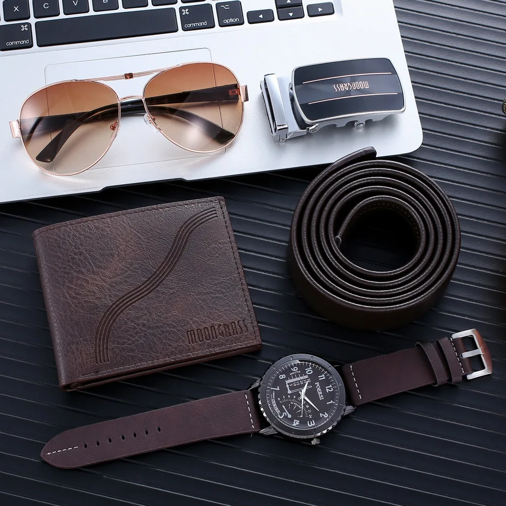 Wholesale Fashion Luxury Gift Business Box Belt wallet Glasses 4-piece Set Leather Wristwatch Quartz Men's Watches Set For Men