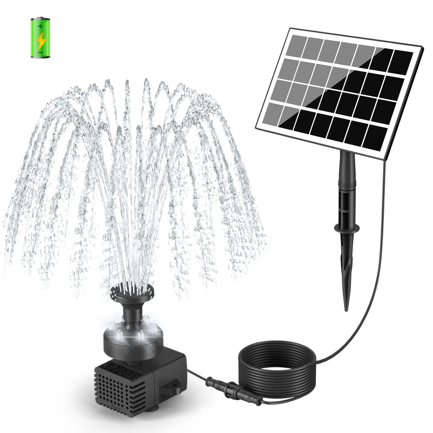 Solar Fountain Pump 2023 Upgraded 100% Glass Panel with White LED Lights 40CM Power Cord for Bird Bath 2000mAh Battery included