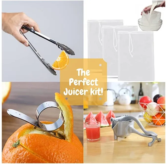 Juice Squeezer Manual Juicer - Handheld Aluminium Alloy Juice Extractor with Food Tong Filter Bags And Fruit Peeler-Great Citrus