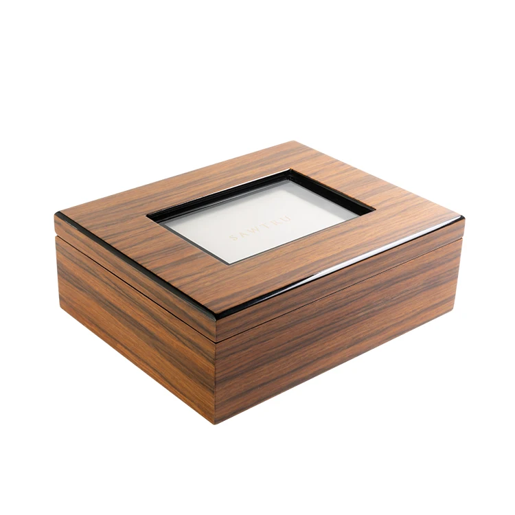Customized Wood Grain Lacquer Wooden Photo Keepsake Box With Glass Lid Accepted Oem With SABER Certificate