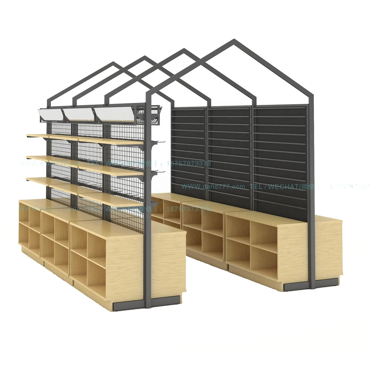 New exhibition booth metal frame shelf gondola shop shopping mall steel shelves wooden display racks