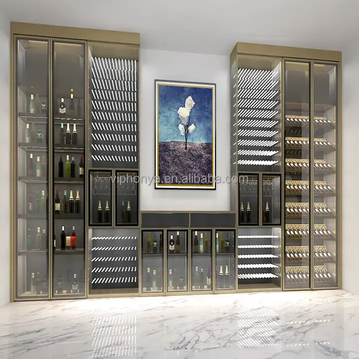 Gold Luxury Custom Liquor Alcohol Storage Wall Large Thermostatic Wine Cabinet for Hotel Home Wine Cellar