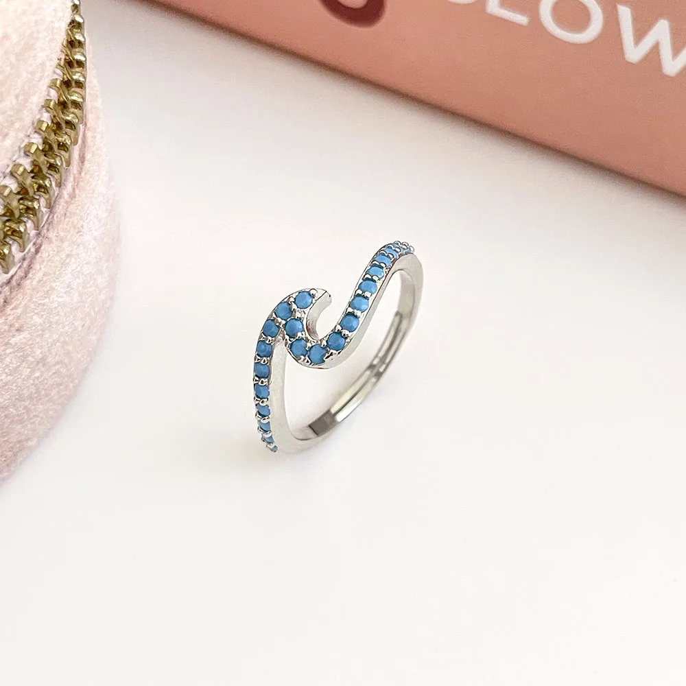 2024 Foxi Charming New styles waves Blue Color Turquoise Stone Female 925 Sterling Silver Ring Resizable finger Rings For Men