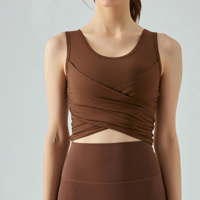 2025 New Arrivals High Quality Yoga Tank Tops Gym Sports Fitness Cross-fold Yoga Vest with Pleated Design and Chest Pad