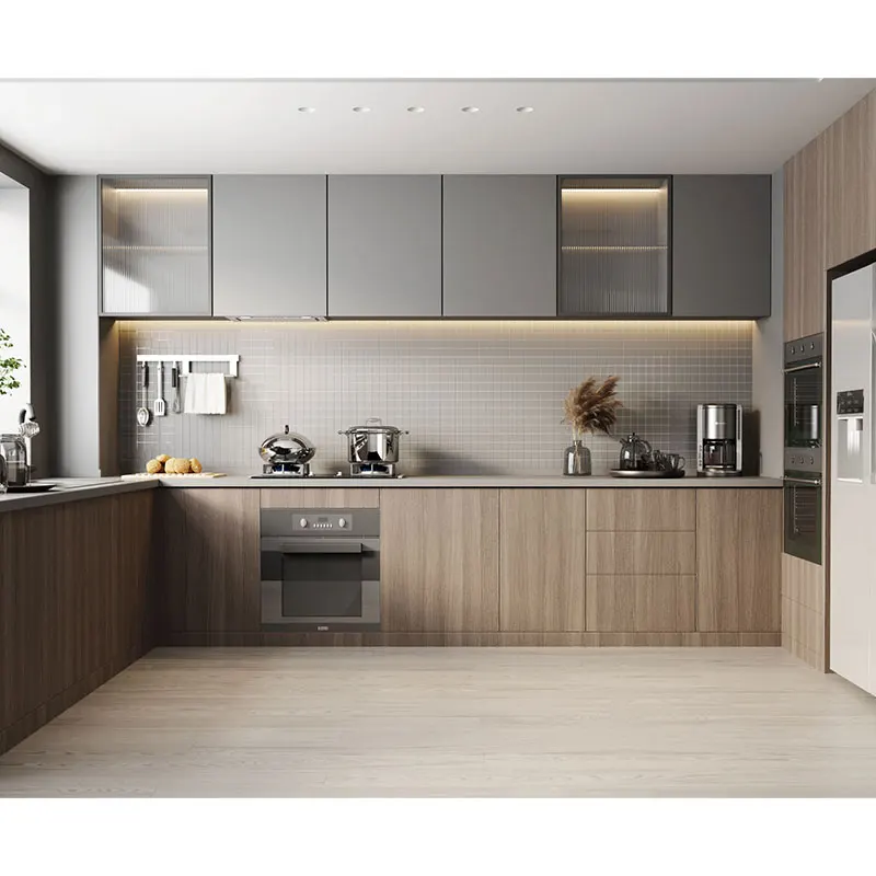 Classic Simple Wood design Metal Furniture ECO Friendly Fireproof Water Resistant Modular Aluminium Kitchen Cabinet