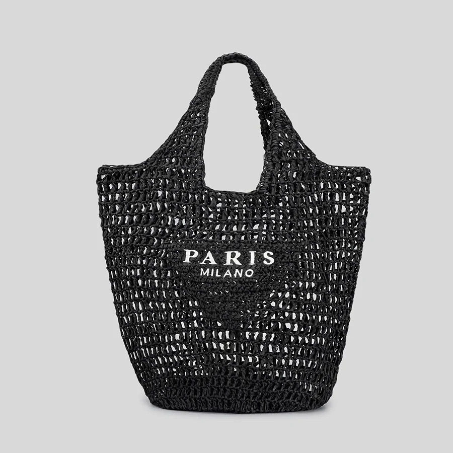 2023 Hand-woven fashion hollow out handbag custom summer mesh straw tote bag paper straw beach bag for women