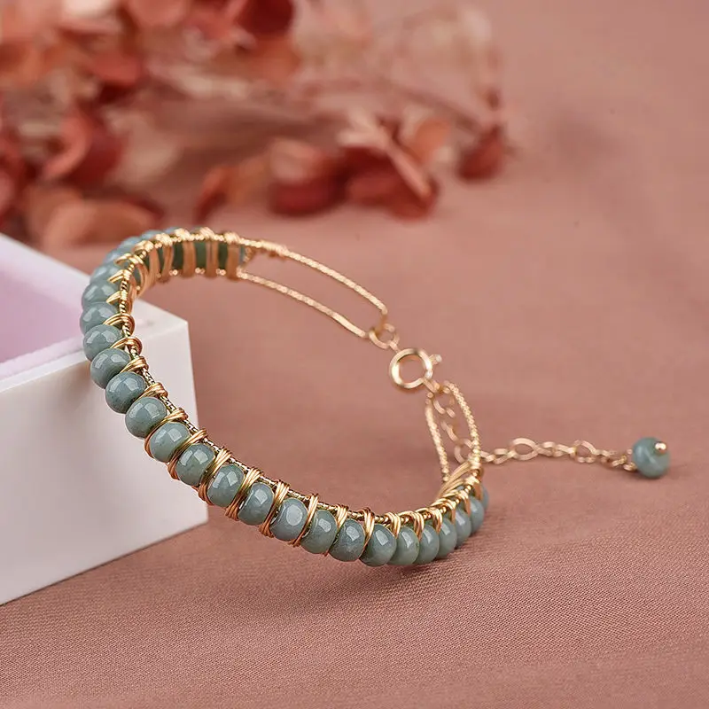 PJ-C112 Handmade Wire Wrap Gemstone Bracelet Bangle Cuff Jade Stone Necklace 14 k Gold Plated Jade Beaded Bangle