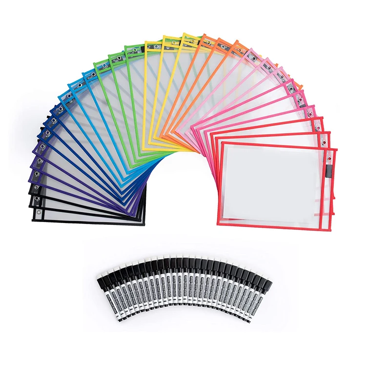 Office Supplies 10x14 Inches Multi-Colors Reusable PVC Dry Erase Pocket