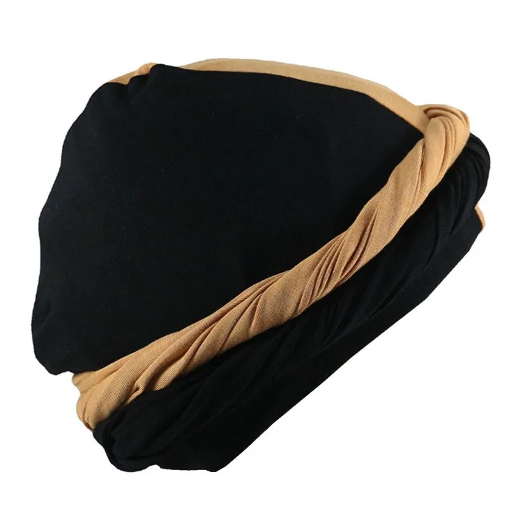 Color Block Contrast Skull Wave Cap Pre-Tied Halo Twisted Men Turban Durag Head Wrap Hat With Satin Lining