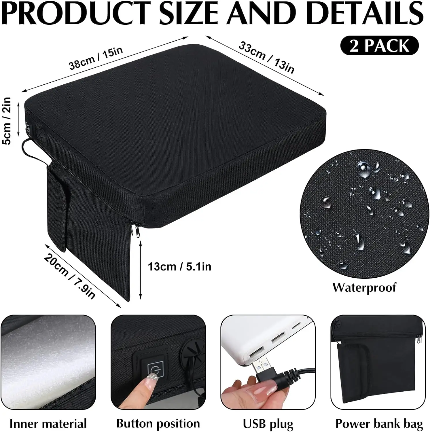Eco-Friendly Large Heating Area Warmer Seat Cover Therapy Heating Pad 2 Pcs Portable Usb Heated Seat Cushion