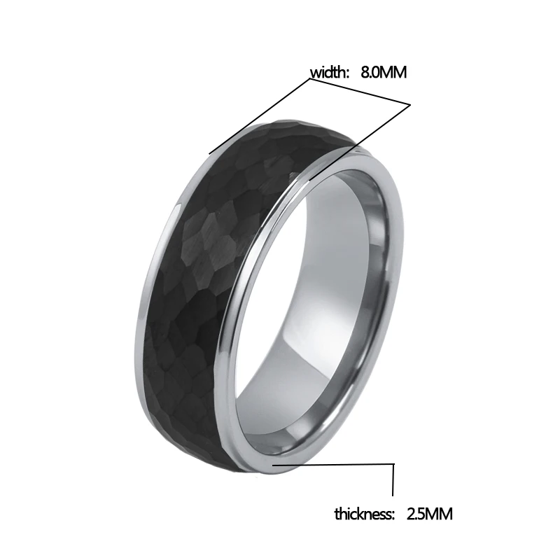 8MM Black Hammered Center Silver Tungsten Carbide Ring with Stepped Edges Titanium Bands