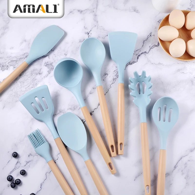 Hot-selling 12 pcs silicone kitchen utensils kitchen tools spoon with plastic handle