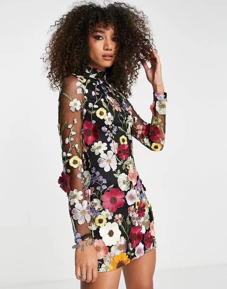 Hot Sale Printed Embroidery Women Midi Floral Dress Long Sleeve Evening Elegant Luxury 3D Flowers Dress