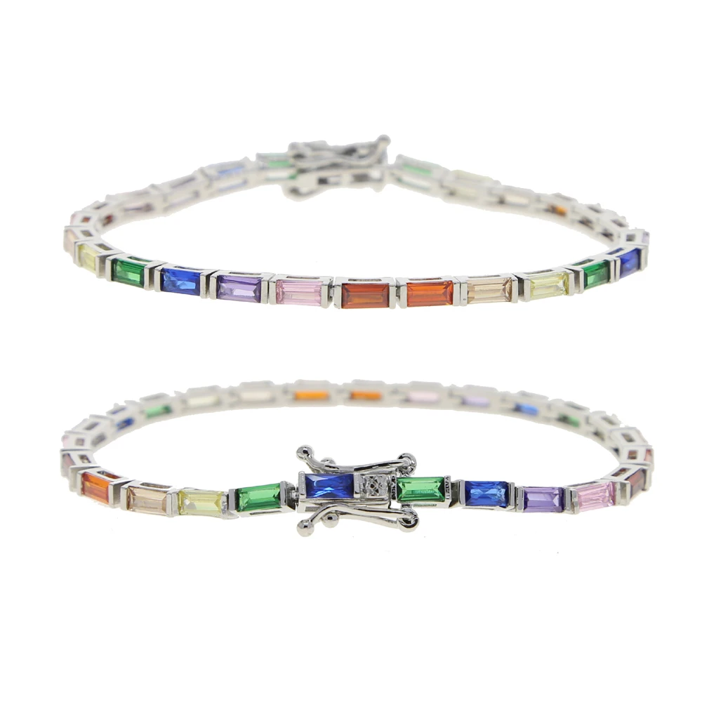 fashion women jewelry small rectangle cz colorful rainbow tennis bracelet gold silver 2 colors