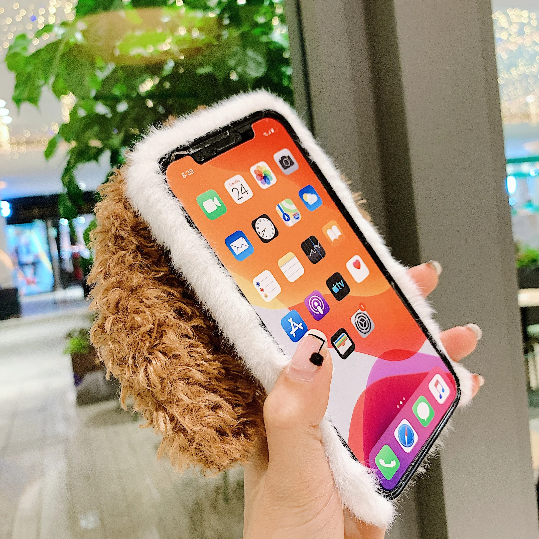 Cute Dog Plush Fluffy Fur Cell Mobile Phone Case for iphone 12 11 PRO XS MAX X XR 7 8
