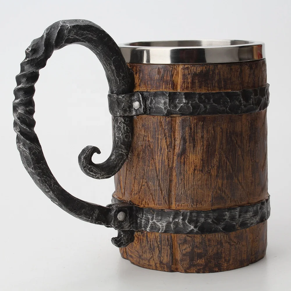 Simulation Wooden Barrel Double-Layer 8Oz Beer Mugs Resin Stainless Steel Liner Drinking Cup