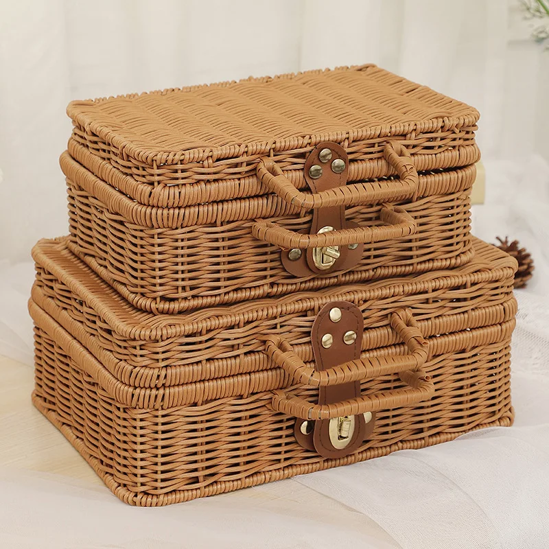 Iron frame rattan portable storage box picnic handmade classic retro storage box household goods storage box