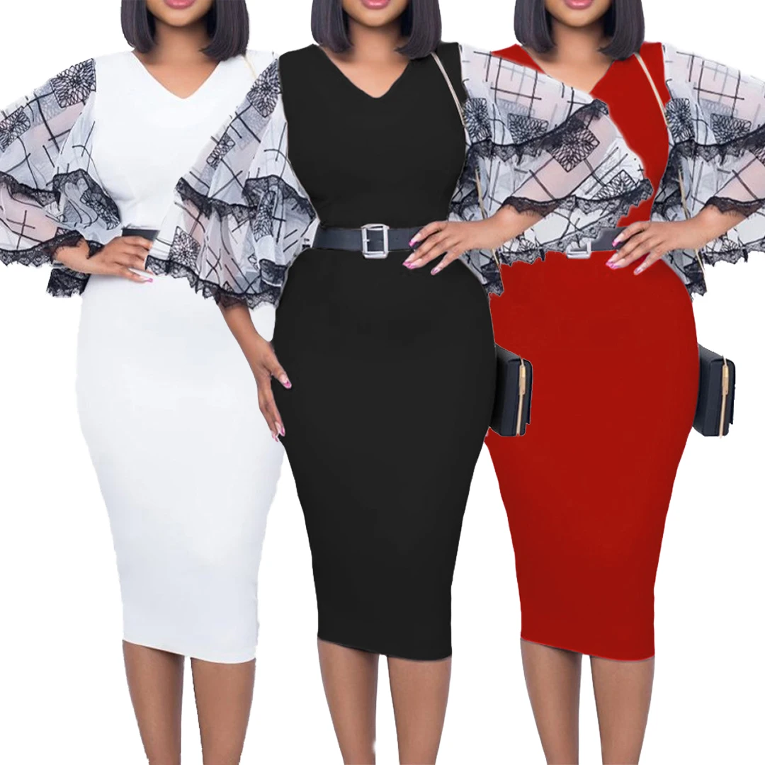 D301 New design spring women clothes flare sleeve ladies office dresses v neck midi belt pencil elegant women dress career dresses